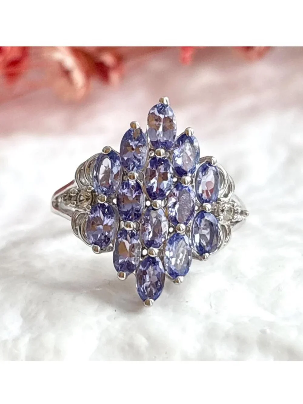 Tanzanite Gemstone Blooming Floral Sterling Silver 925 Vintage Ring sz 8.75